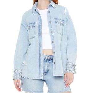 Forever 21 Distressed Denim Faux Gem Shirt